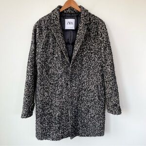 Zara Oversized Boucle Black/Brown/Grey Woven Wool Blend Front Button Jacket L